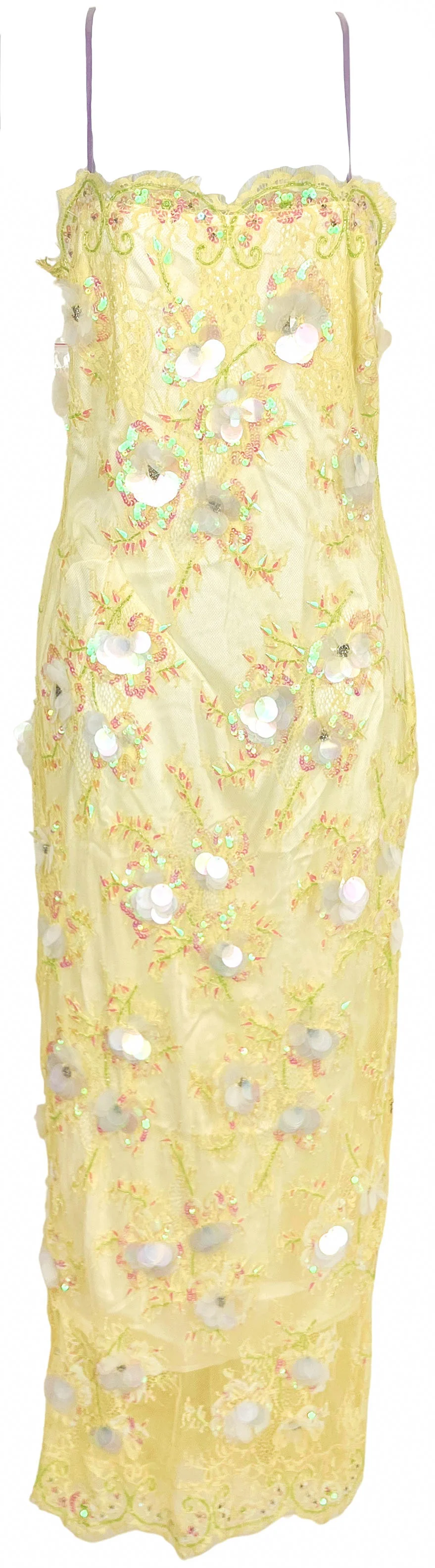LoveShackFancy Emalia Embellished Dress in Pale Lemon Yellow