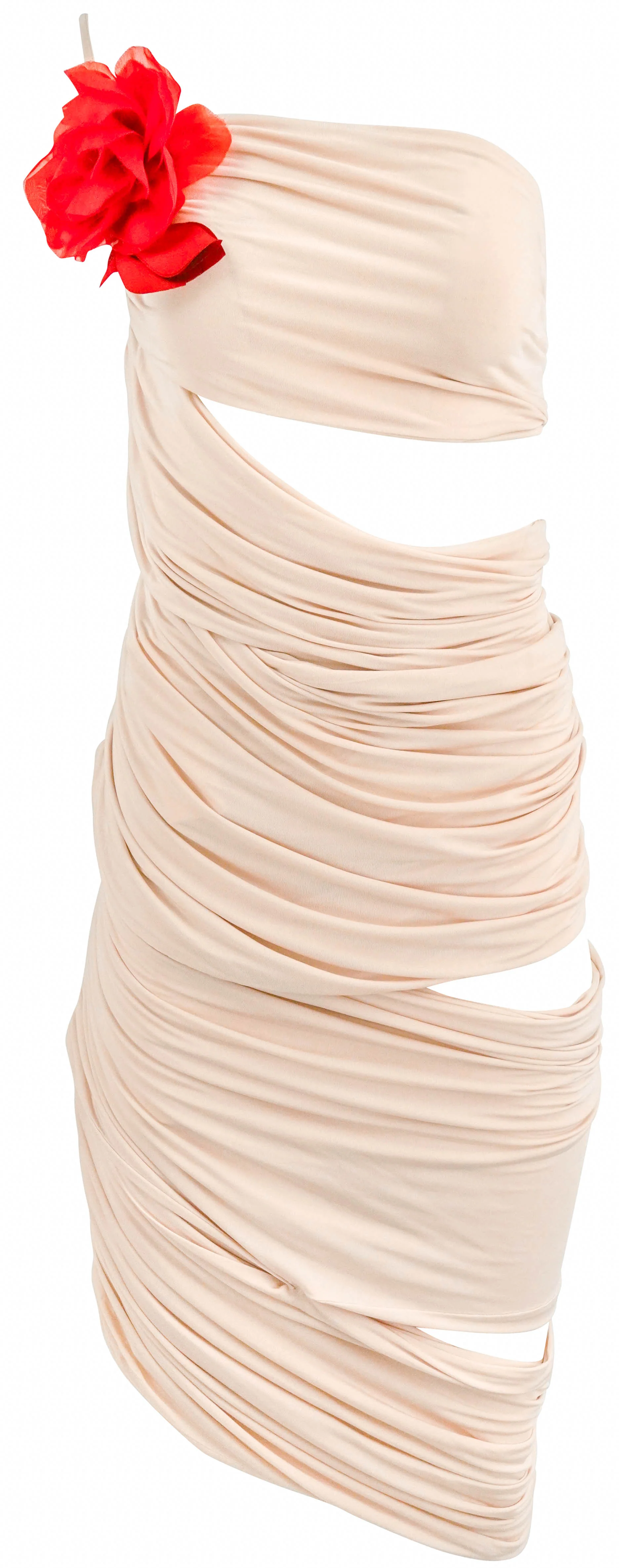 Magda Butrym Draped One Shoulder Dress with Rose in Light Pink/Nude