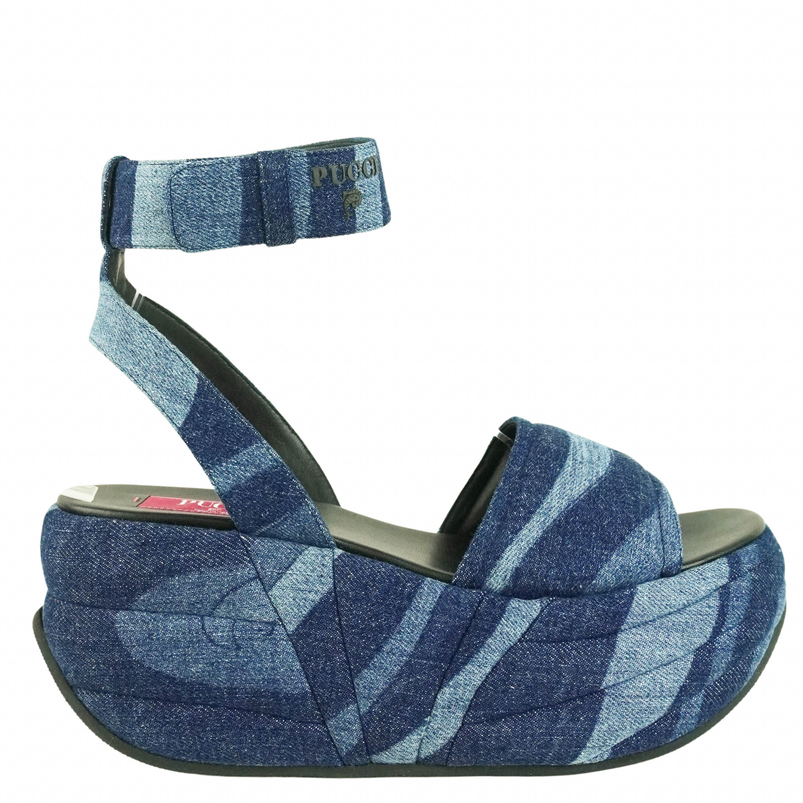 Pucci Quilted Denim Platform Sandals in Blue