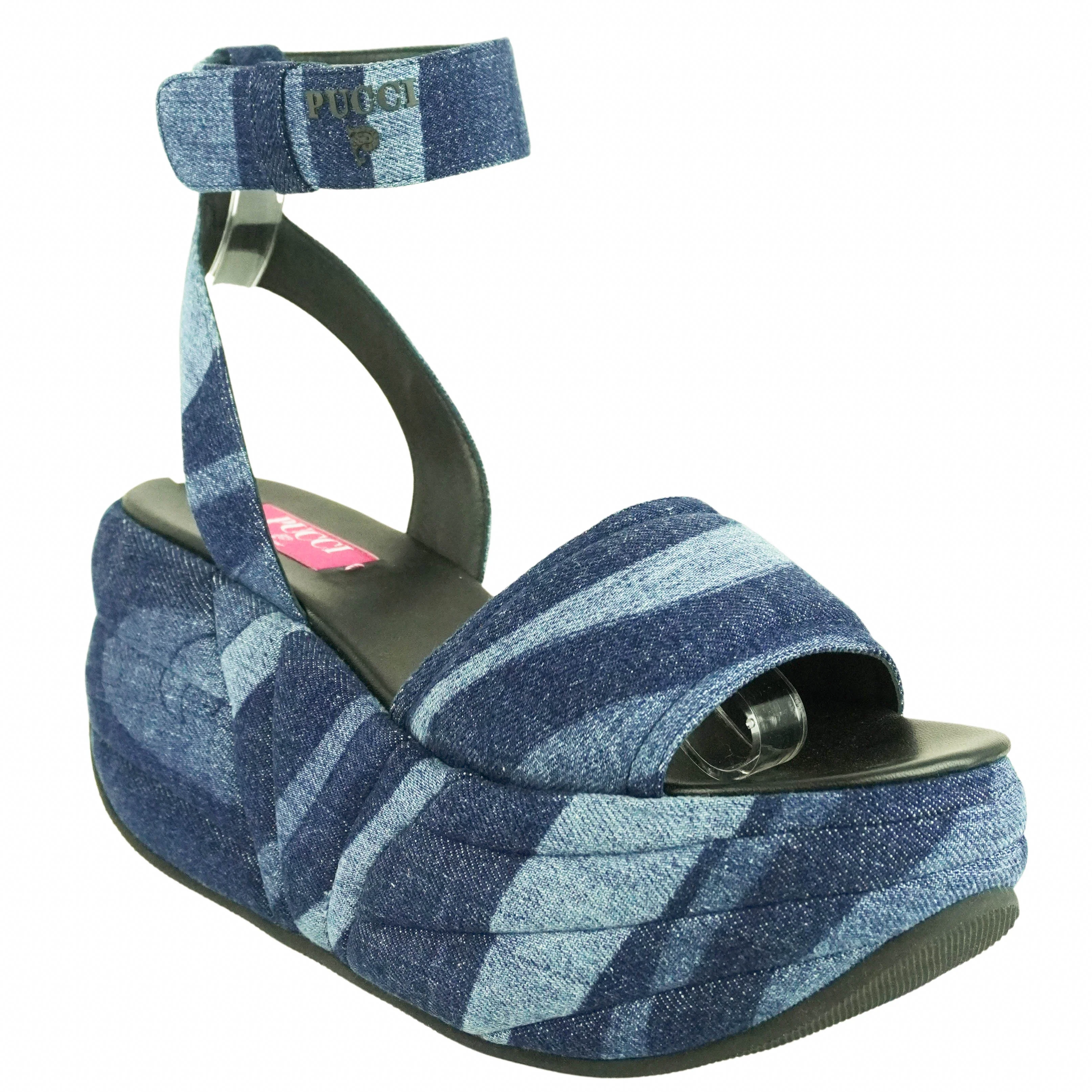 Pucci Quilted Denim Platform Sandals in Blue - Image 4