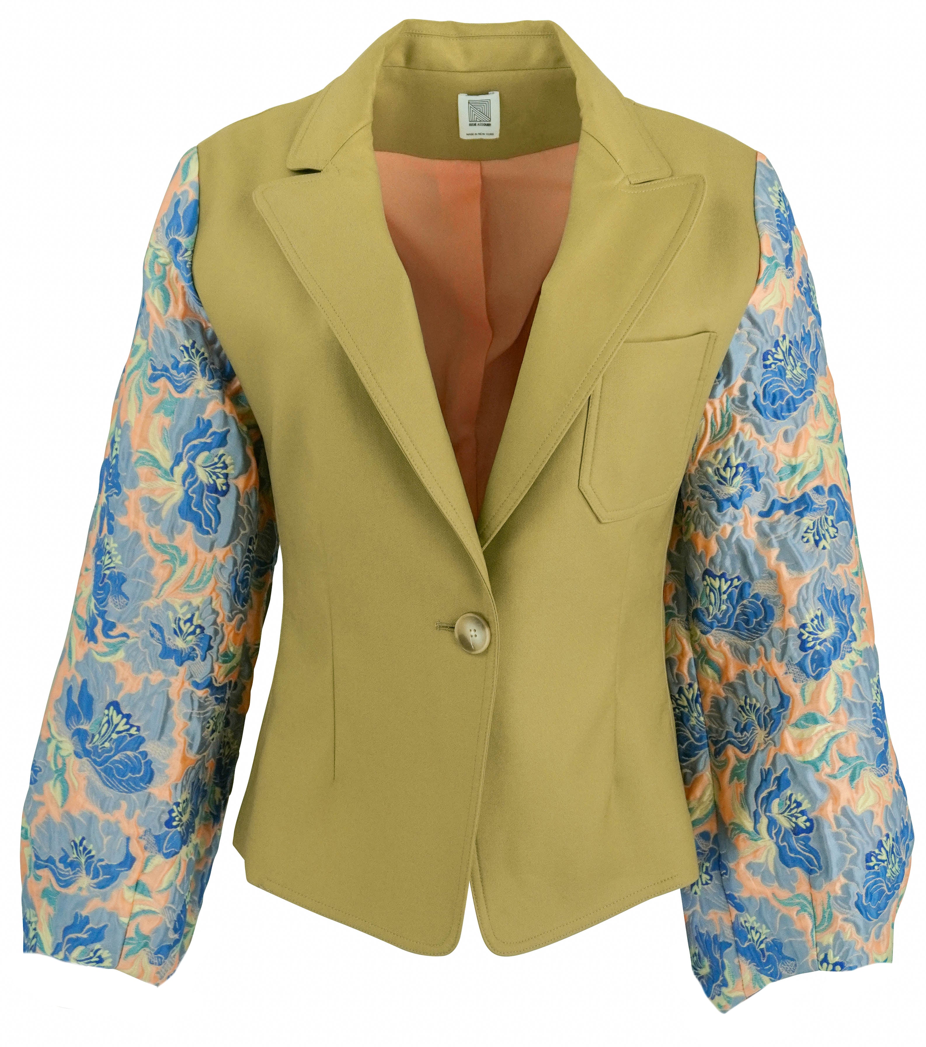 Rosie Assoulin Blazer with Floral Sleeves in Khaki Multi