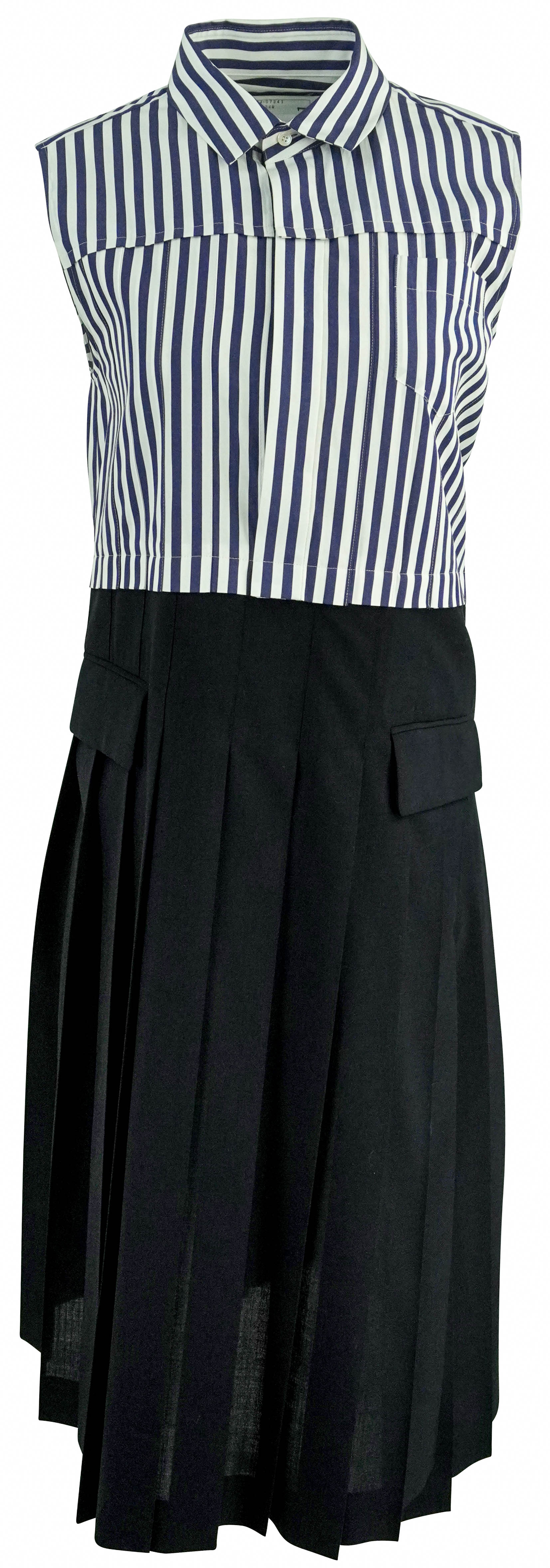 Sacai Suiting x Cotton Poplin Dress in Navy and White Stripes/Black