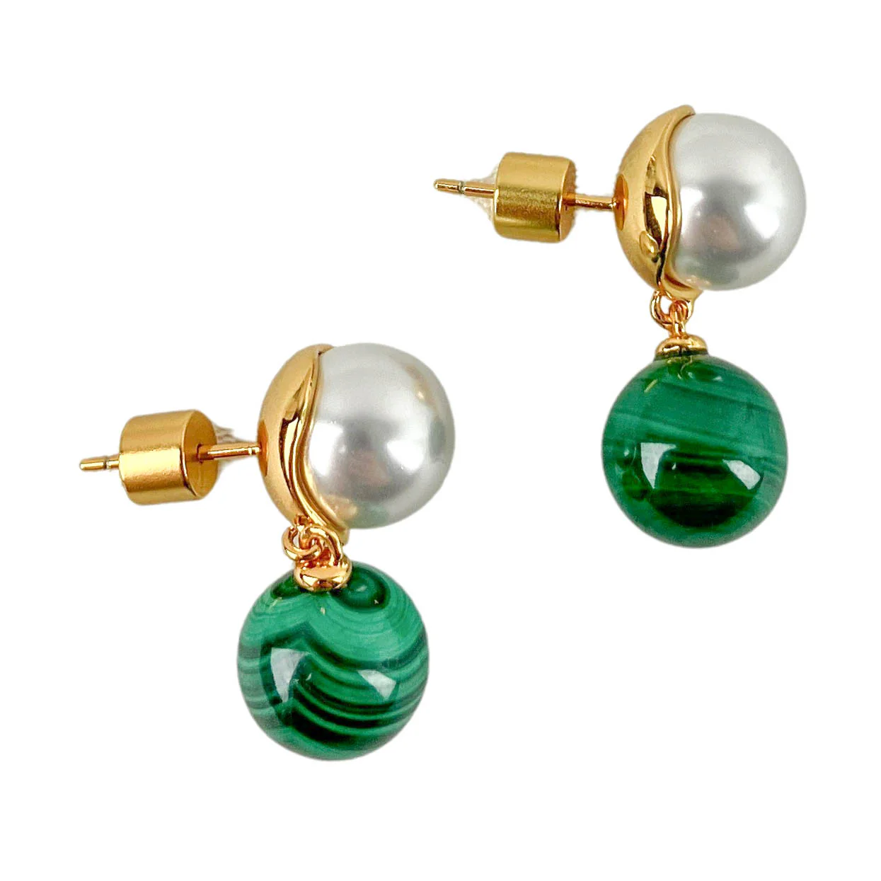 Shashi Double Ball Earrings in Green/Gold - Image 2