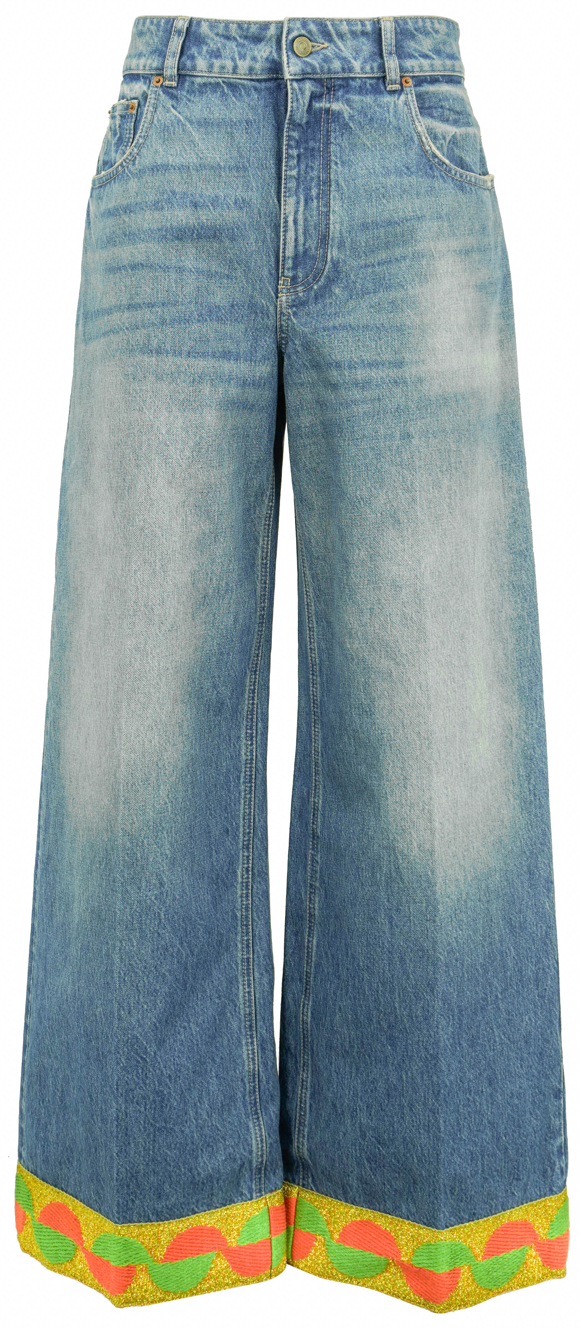 Valentino Wide Leg Jeans with Metallic Knit Cuffs in Medium Wash Denim