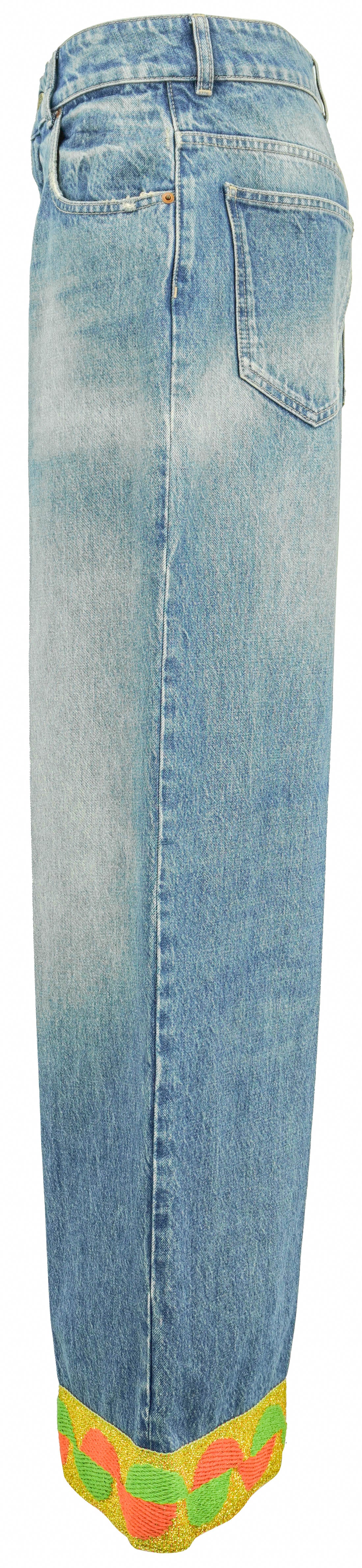 Valentino Wide Leg Jeans with Metallic Knit Cuffs in Medium Wash Denim - Image 2