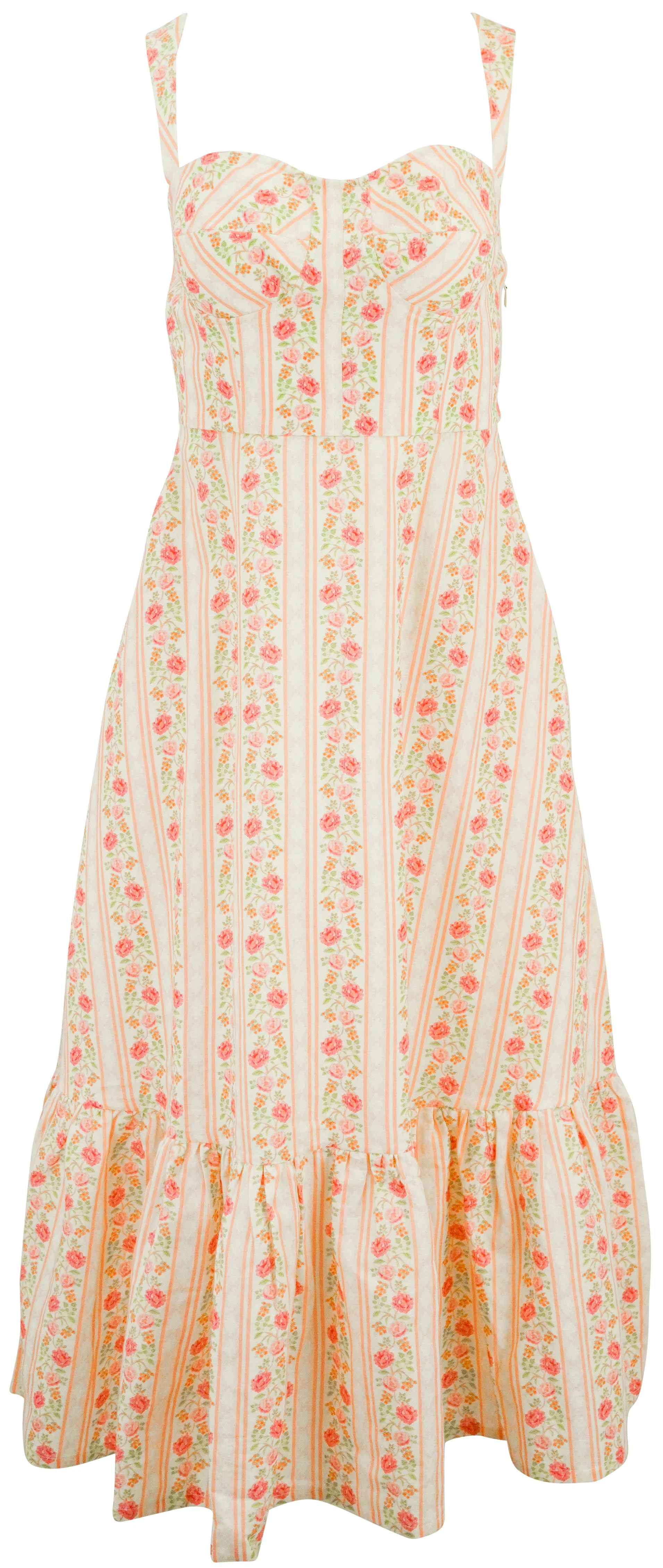 Verandah Corset Midi Dress in Coral and Cream Peonies Stripe