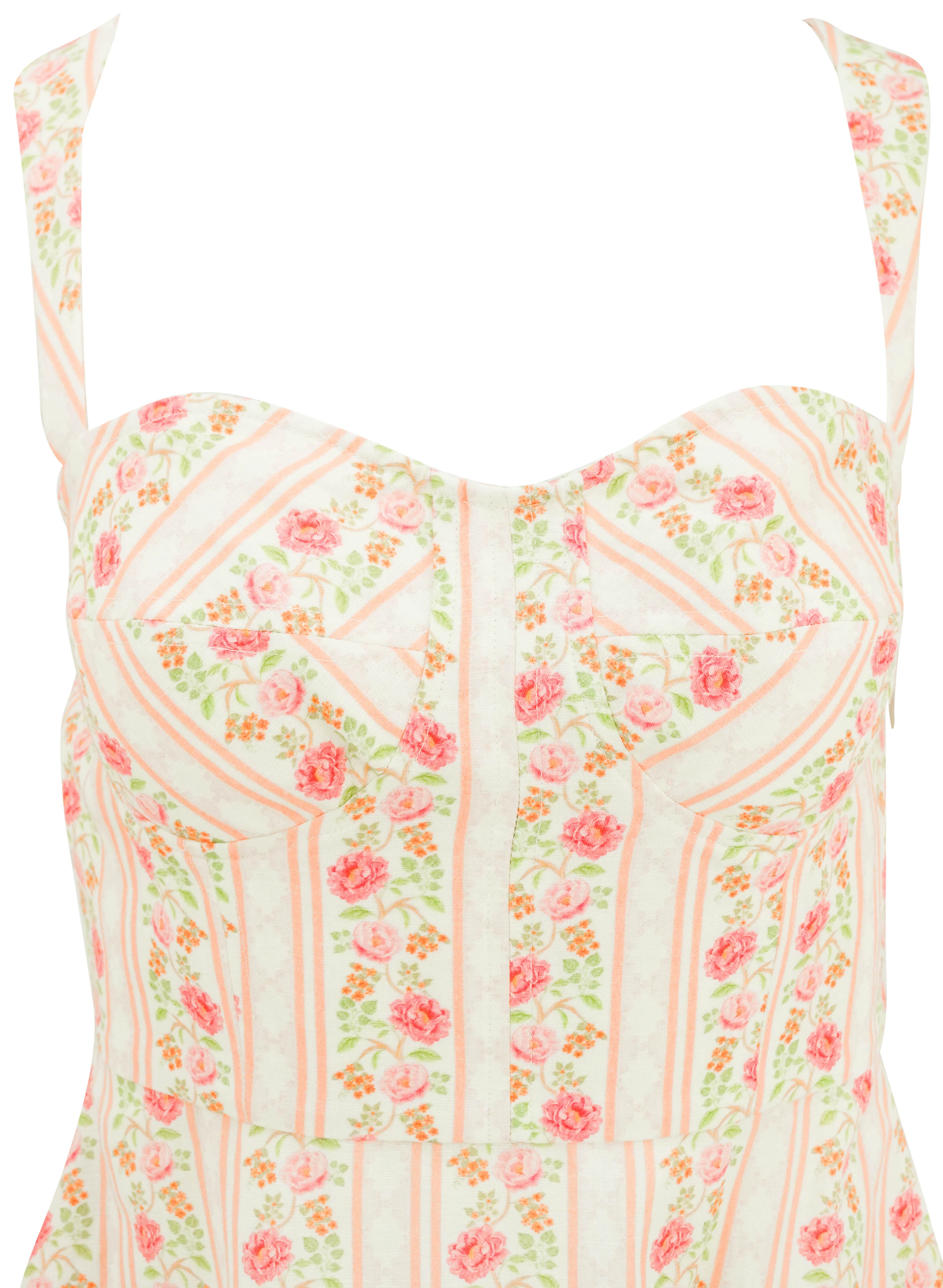 Verandah Corset Midi Dress in Coral and Cream Peonies Stripe - Image 2