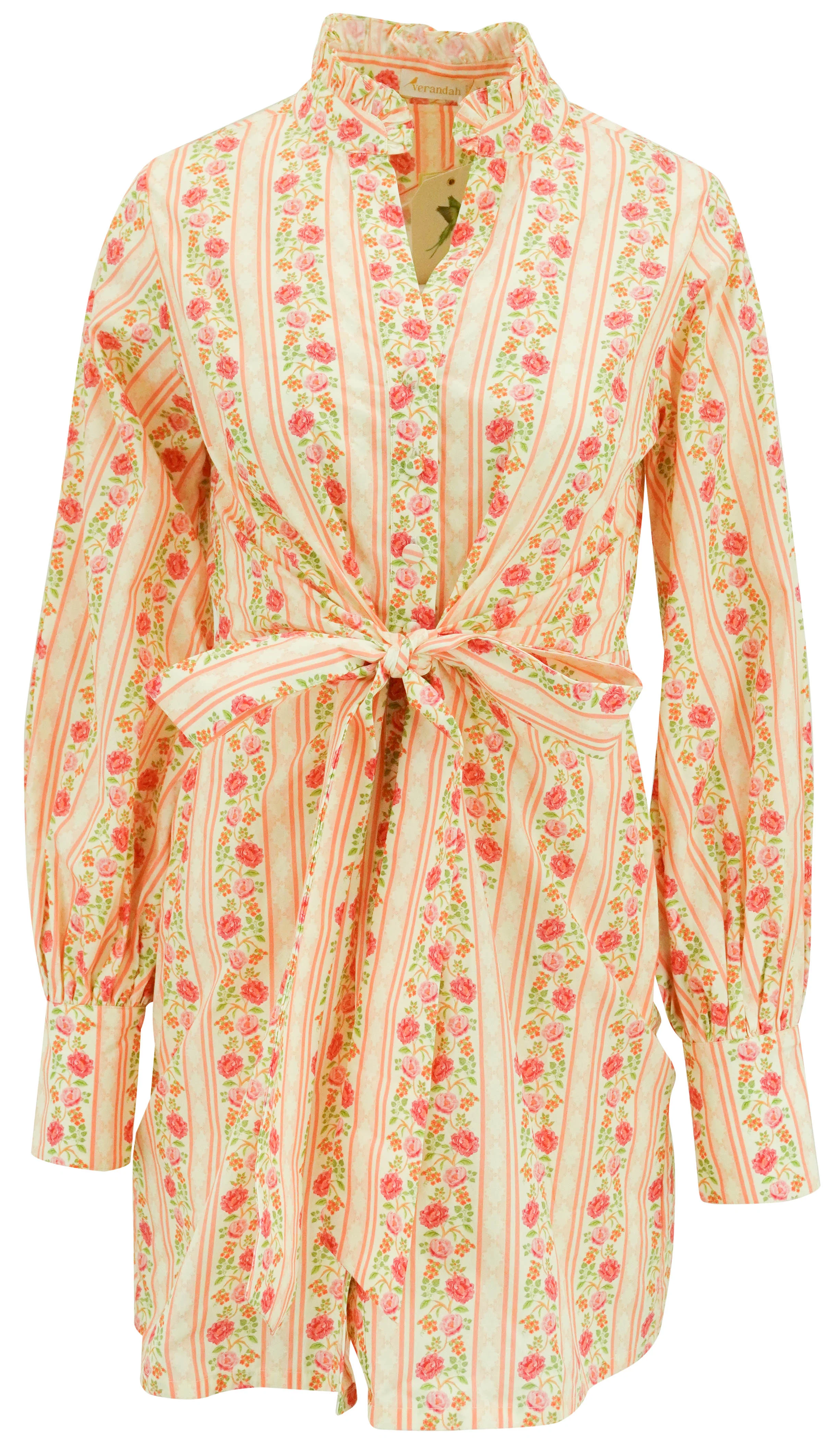 Verandah Twist Tie-Up Mini Dress in Coral and Cream Peonies Stripe